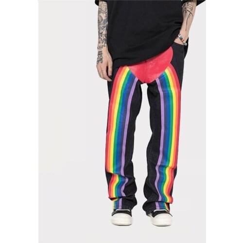 Street loose trousers love rainbow element print hip-hop loose-fitting jeans for men and women