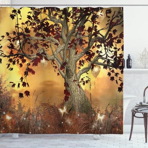 Tree Shower Curtain Set Mystic Forest and Magical Butterflies Curtain for Bathroom Decor 12 Hooks Decorative Bath Accessory