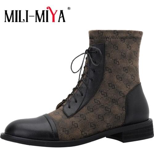 MILI-MIYA New Designers Patchwork High Top Casual Shoes Woman Autumn Winter Zip Lace Up Fashion Round Toe Low Heels Ankle Boots