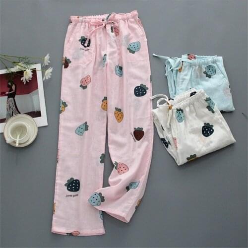 Ladies Pajama Pants 2021 Summer Cotton Gauze Printed Sleep Bottoms Thin Japan Style Loose Trousers Plus Size Home Pants Women