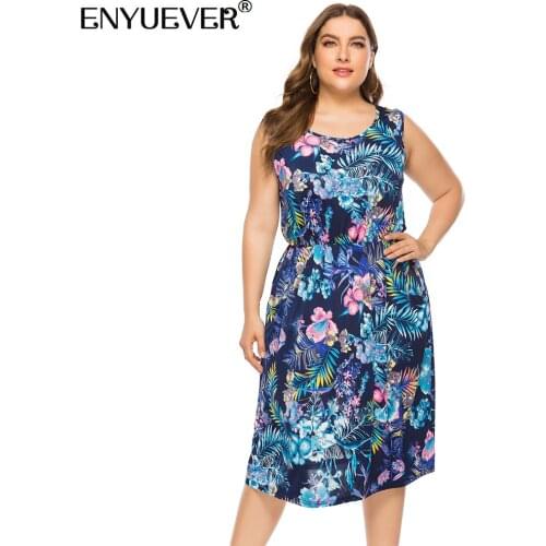 Enyuever Plus Size Vintage Dress Retro 5XL 6XL Summer Clothing Sleeveless Floral Print Elegant Women Casual Dresses With Pockets