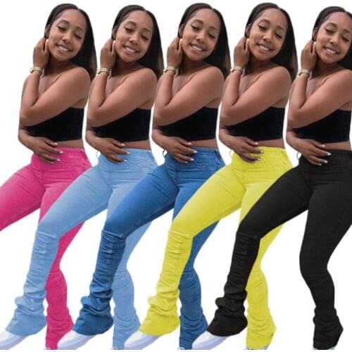 2020 stacked jeans bell bottom denim pants jeans women denim destroyed stretchy women jeans pants