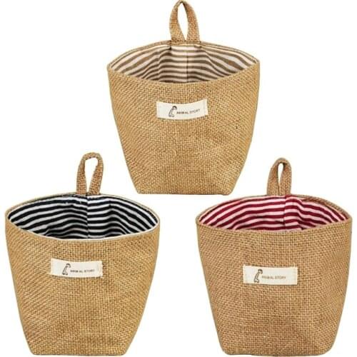 3 Pcs Hanging Storage Bag Cotton Linen Storage Basket Collapsible , Decor Bin Bag For Room Wall Door Closet (Stripe)