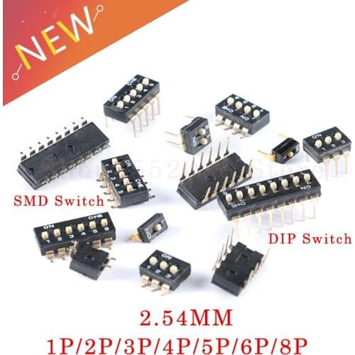5Pcs/lot DIP switch Toggle Switches 2.54mm SMD 1P/2P/3P/4P/5P/6P/8P black 2.54MM SMD Switch Gold Plated Pin