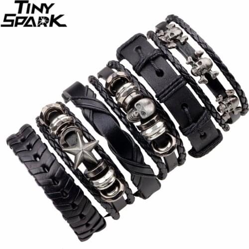 6 Pcs/Set Hip Hop Vintage Retro Multilayer Bracelet Star Skeleton Skull Charm Leather Bracelets 2021 Men Bracelets Homme Jewelry