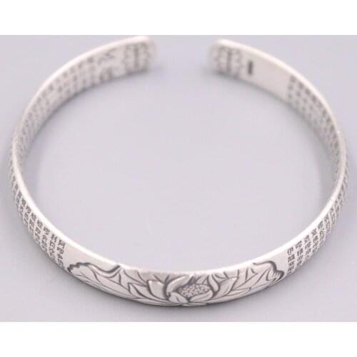 New Pure Solid 999 Fine Silver Bracelet Lotus Flower And Buddhist Texts Pattern 9mm Cuff Bangle Diameter 58-62mm