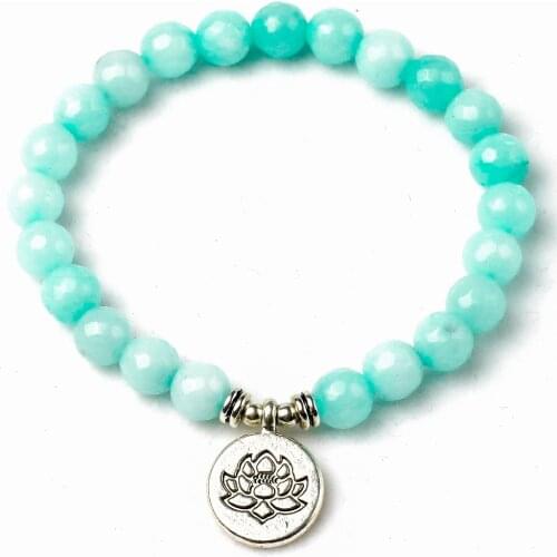 8mm Faced Natural Blue Stone Lotus Buddha Charm Bracelet High Quality Om Yoga Buddhist Bracelet Women Men Lovers Jewelry
