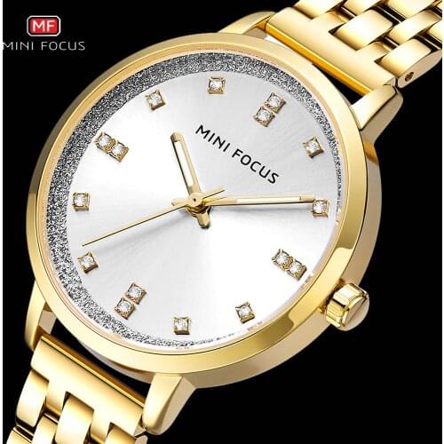 MINI FOCUS Royal Golden Women Watches Quartz Clock Iced Out Top Brand Luxury Full Steel Strap Waterproof Dress Ladies Wristwatch