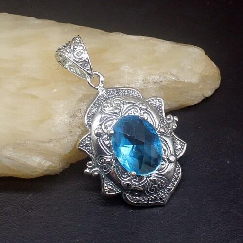 Gemstonefactory Jewelry Big Promotion 925 Silver Vintage Fancy Blue Topaz Women Ladies Mom Gifts Necklace Pendant 20213948