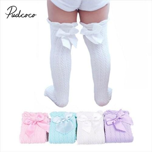Pudcoco Newborn Infant Baby Girl Knee Stocking Cotton Breathable Summer Solid Bowknot Fish Net Long Stockings 28cm 38cm