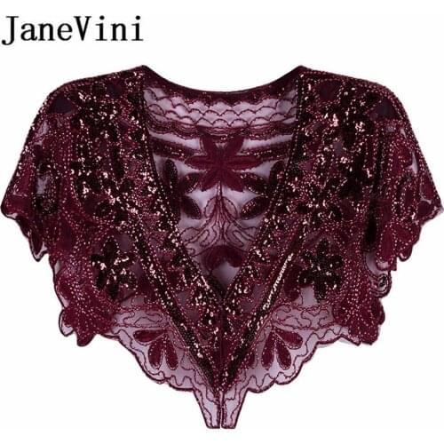 JaneVini Luxury Burgundy Wedding Cape Beading Summer Wine Red Sequined Bolero Women Bridal Shawls Wraps Stole Shrug Cape Mariage
