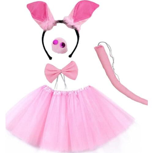 Feather Ear Pig Costume Set Animal Ears Nose Tail and Bow Tie Pink Fancy Dress Cosplay Accessories Halloween Party Celebration