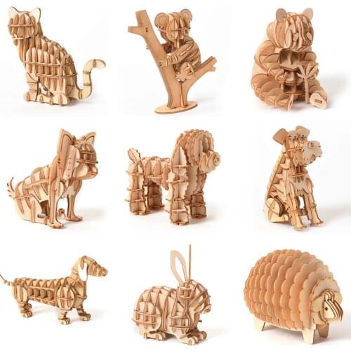 Laser Cut Cat Dog Panda Koala Chihuahua Dachshund Rabbit Sheep Toys 3D Wooden Puzzle Assembly Model Kit Toy Gift For Children