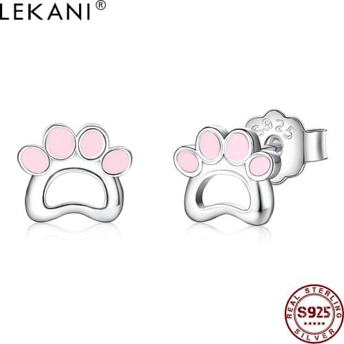 LEKANI Cute Stud Earring For Women S925 Sterling Silver Cat Footprint Pink Epoxy Earrings Sweet Romantic Style Fine Jewelry