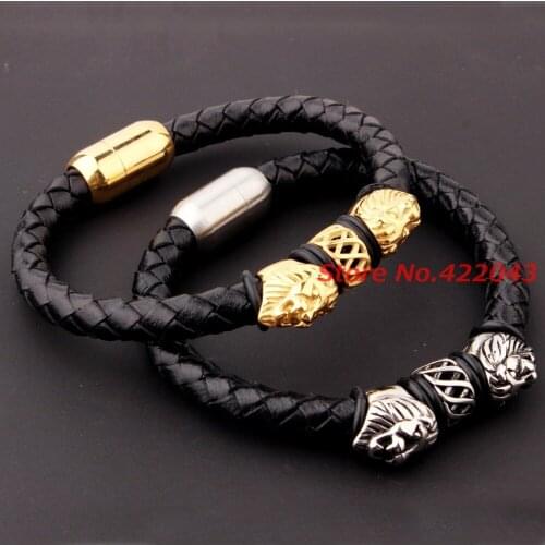New Arrival Lion Head 8.66" * 8mm Black Genuine Leather Mens Womens Best Friends Stainless Steel Bracelets & Bangles Accessory