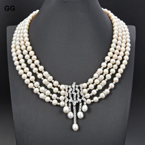 JK 18" 4 Strands Cultured White Pearl Statement Necklace CZ Pendant