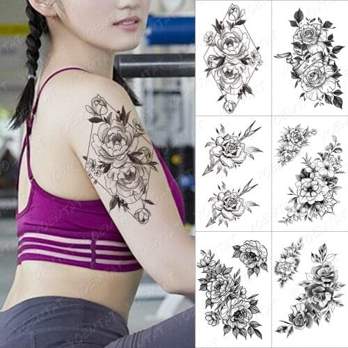 Waterproof Temporary Tattoo Rhombus Peony Rose Tatoo Sticker For Men Women Flowers Henna Minimalist Lines Body Art Fake Tattos
