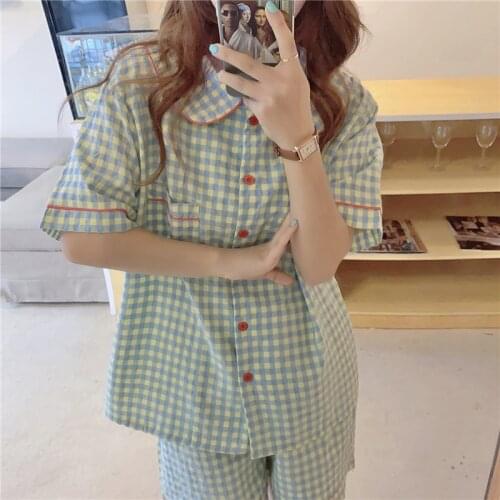 Alien Kitty Sleepwear All Match Loose 2021 Sweet Homewear Summer Geometric New Chic Plaid Nightwear Women Girls Pajamas Sets