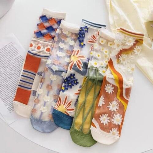 Glass Chrysanthemum Thin Silk Socks Plum Blossom Wintersweet Ventilate Woman Girl Lady French Chic Rhombic Sunflower Translucent