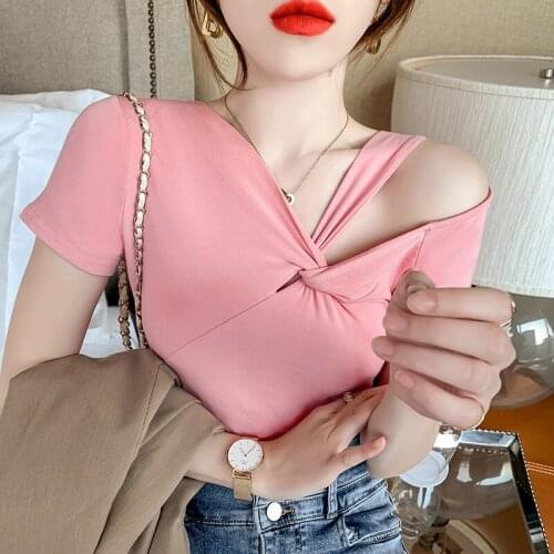 V-neck Top Female Summer Hollow Out Short Sleeve T-shirt Women Fashion Top Sexy Tees Female