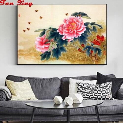 Traditional Chinese Realistic Painting Peony Flower Diamond Painting Handmade DIY 5D Bee Diamond Embroidery photo Wall Art