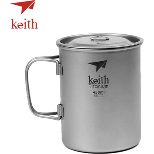 Keith Outdoor Titanium Water Cups Camping Hiking Utensils Travel Mug Folding Handle Ultralight Tableware 450 500 500 650 900ml