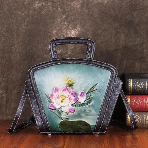 Vintage Embossed First Layer Cow Leather Female Tote Bag 2021 New Luxury Handbag Hand Painted Flower Lotus Women Shoulder Bags