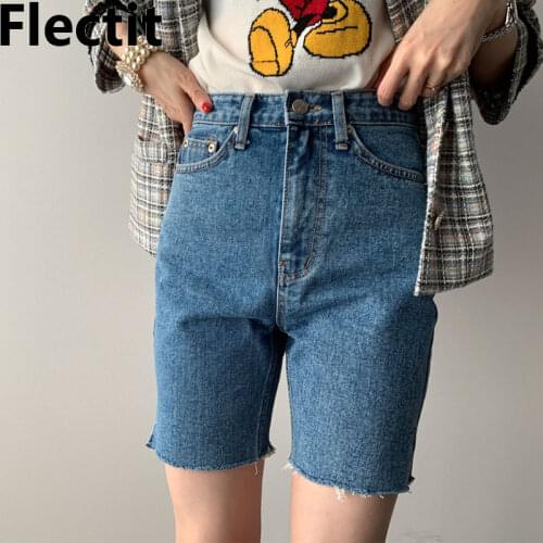 Flectit Women Denim Bermuda Shorts High Waist Side Split Frayed Jean Shorts Korean Fashion Streetwear