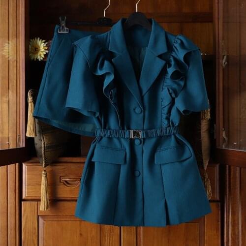 Womens Ruffles 2 Piece Set OL Work Office Lady Outfits Elegant Summer Short Sleeve Single Breasted Coat Top+Shorts Suits S-XL
