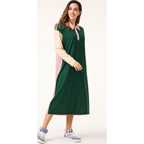New Spring Summer Womens Sweet Wind Polo Collar Fashion Color Matching Loose Stretch Long Arab Woman Dress