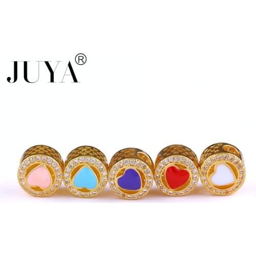 1 pcs wholesale High Quality Copper CZ Stone Enamel Heart Big Hole Beads Charm For Jewelry Making Fit DIY Bracelets bead