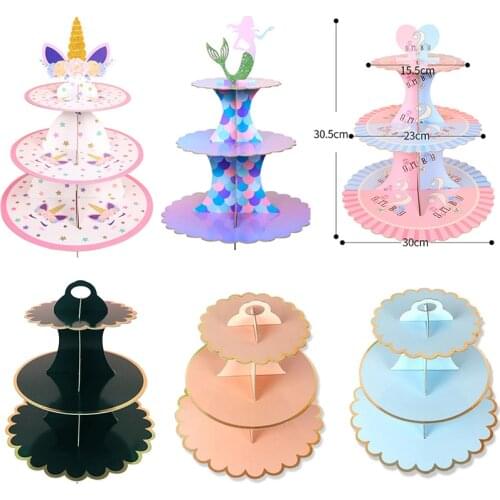 3-Layer Unicorn Mermaid Round Cardboard Cupcake Holder Foldable Baby Showers Birthday Wedding Party Decor Dessert Table Supplies