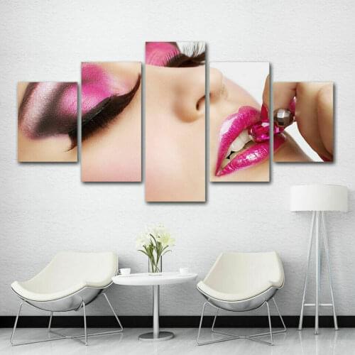 Pink Makeup Face Lips Nails Beauty Salo 5 Pcs Canvas Picture Print Wall Art Canvas Painting Wall Decor for Living Room No Framed