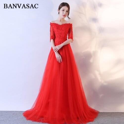 BANVASAC 2018 Boat Neck A Line Lace Appliques Long Evening Dresses Party Sequined Half Sleeve Backless Prom Gowns