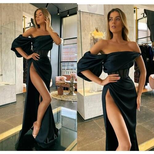 Black Mermaid Prom Dresses Sexy High Side Split Off Shoulder Evening Gowns Party Red Carpet Formal Wear Ogstuff robes de soirée