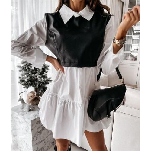CHRONSTYLE Spring Autumn Women Shirts Dress Leather Patchwork Office Lady Three Quarters Sleeve Turn-down Collar A-line Dress