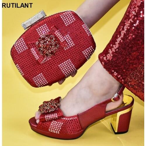 Elegant Shoes and Bags To Match on Sale African Shoe and Bag Set Decorated with Rhinestone Summer High Heeled Shoes for Women
