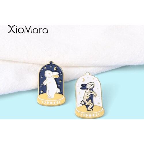 Skeleton Rabbit Enamel Pin Moon Phase Yin Yang Day and Night Rib Cage Bunny Brooches Animal Badges Women Men Jewelry