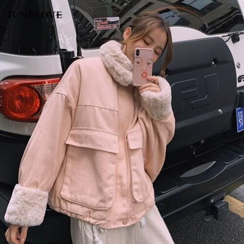 JuneLove Women Winter Kawaii Fur Collar Coat Lady Parkas Thick Velvet Loose Cute Jacket Female Sweet Thick Warm Outwear Clothing