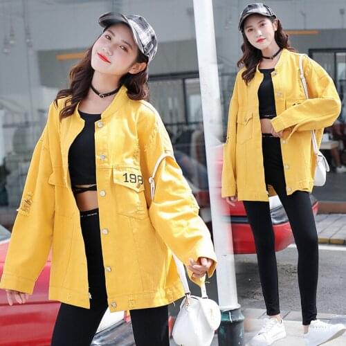 Harajuku Punk blue Yellow Pink red Tops Loose Basic Denim Hole Jacket Outwear Womens Jeans Coat Streetwear Korean BF Wind Coats