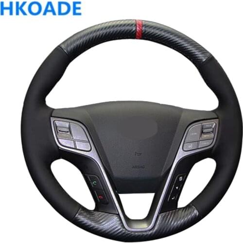 DIY Hand-stitched Black Genuine Leather Carbon Car Accessories Steering Wheel Cover For Hyundai ix45 Santa Fe 2013-2016