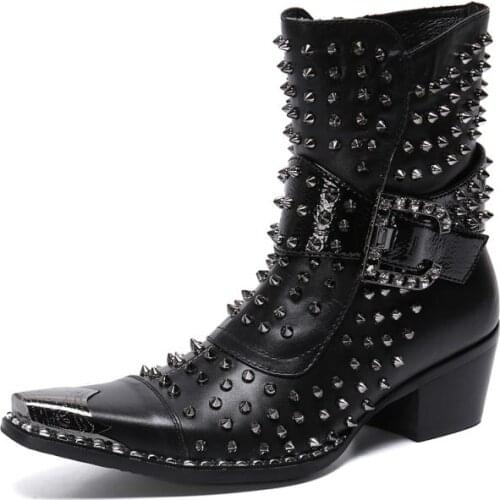 Luxury Rivets Western Cowboy Boots Men Pointed Toe High Heel Genuine Leather Mid Boots Singer Dancer Career Work Increase Boots