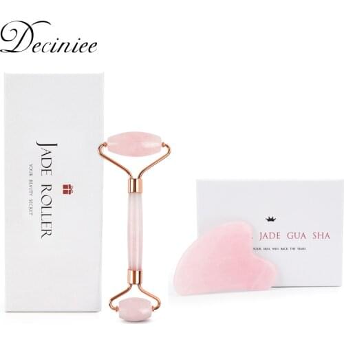 Jade Roller Gua Sha Set Face Rose Quartz Gua Sha Massage Facial Rollers Natural Real Crystal Stone for Anti-Aging Skin Scraper