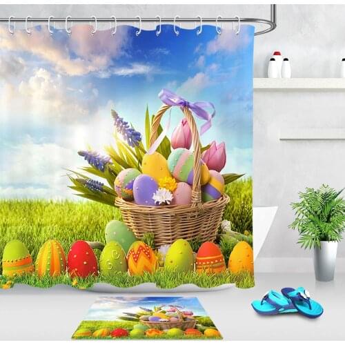 Easter Eggs Green Grass Lawn Flower Spring Fabric Waterproof Polyester Shower Curtains Bathroom Curtain Home Bath Accessory