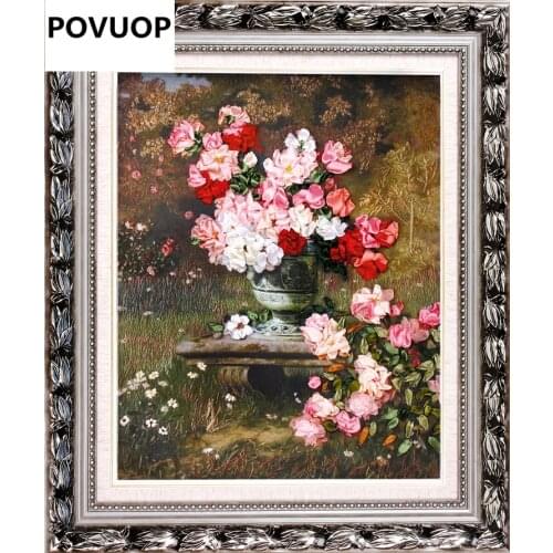 POVUOP Ribbon embroidery 60X75cm flower 3d print three-dimensional embroidery paintings