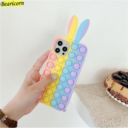 Pop Fidget Toys Push Bubble Silicone Case For Samsung Galaxy A32 A52 A72 A12 M12 F12 4G 5G 3D Cartoon Rabbit Bunny Rainbow Cover
