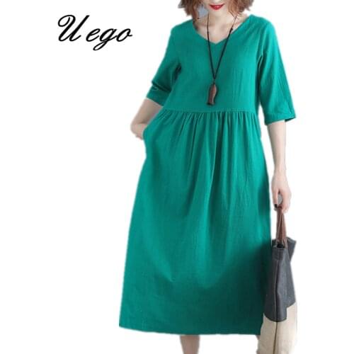 Uego Fashion Summer Dress Cotton Linen Solid Color Loose Women Casual Dress 2021 New Arrival Lady Midi Dress Female vestidos