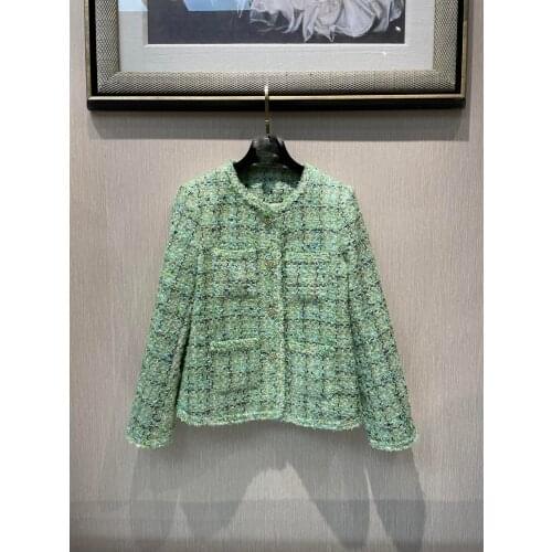 High 2021FW Autumn Quality Women Green Plaid Tweed Jacket Overcoat Female Casual Chic Coat Gdnz 7.01