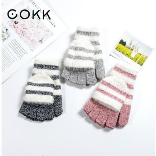 COKK Women Fingerless Gloves Cute Faux Rabbit Fur Stripe Knitted Gloves Female Winter Knitting Warmer Wrist Hand Gloves Mitten