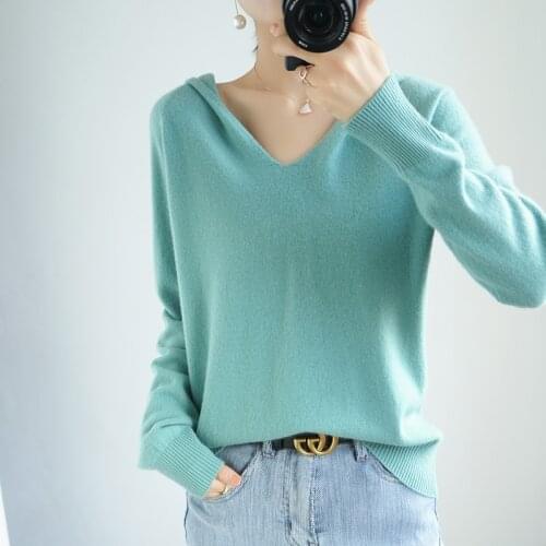 Spring Autumn New Pure Wool Sweater Womens Long-Sleeved Large Size Loose Hooded Top V-Neck Solid Color No Drawstring Hoodie